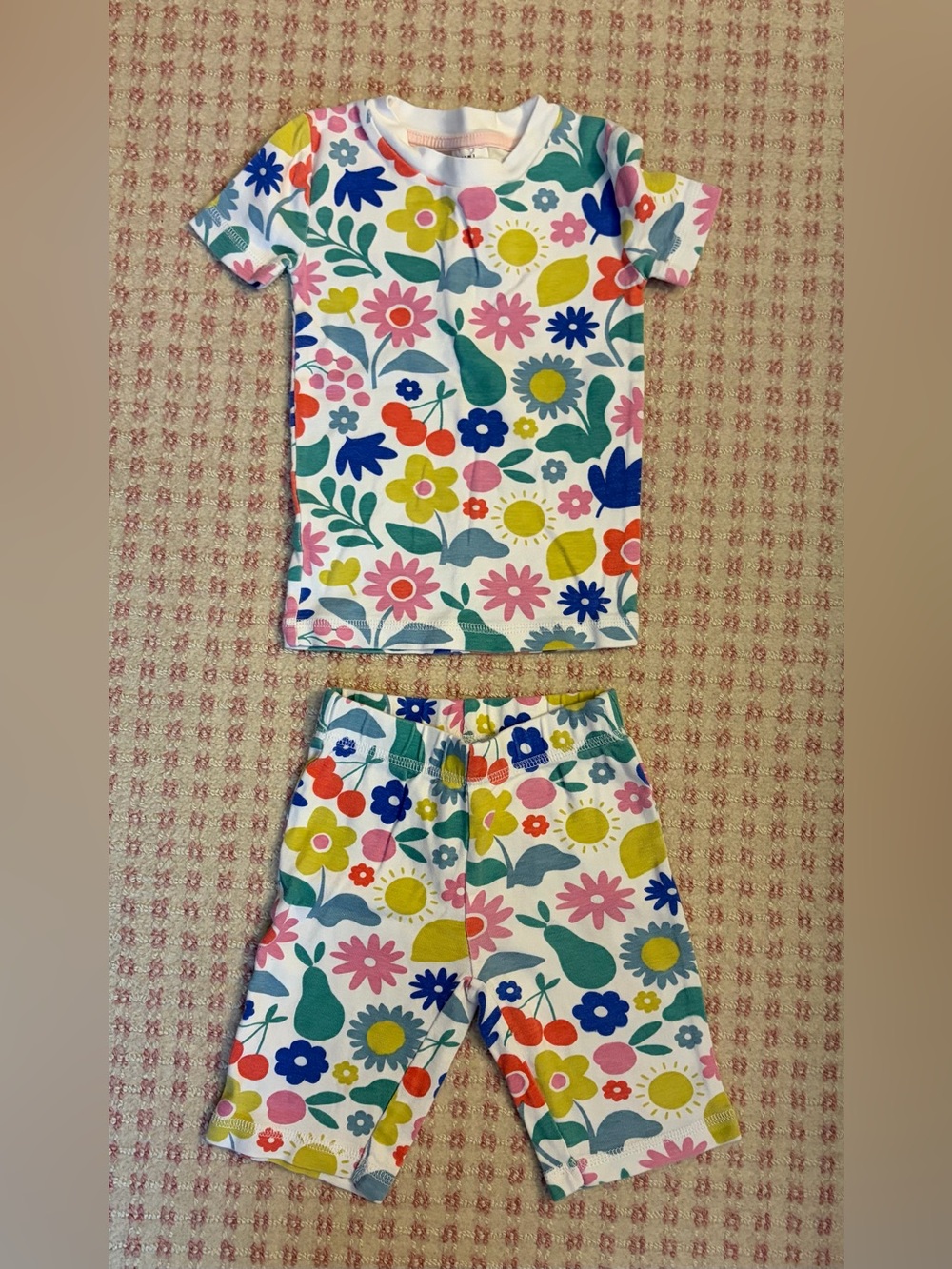 Mini Boden White Floral Kids Pajama Set with Pink, Yellow, Blue & Green